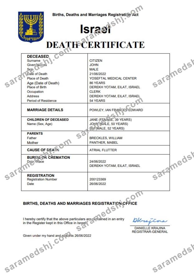Israel death certificate Word and PDF template